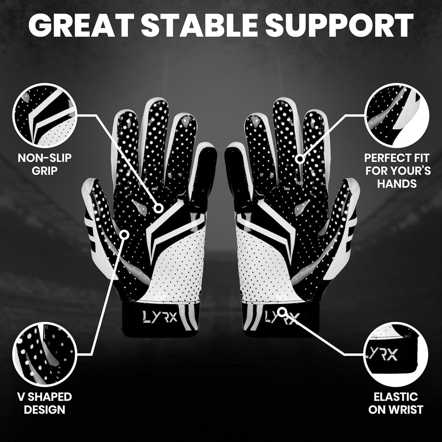 LYRX Professional Football Receiver Gloves with Optimal Silicone Palm Non-Slip Grip Control Ultra-Stick Sports Lightweight Glove and Precision Fit Youth | Adult