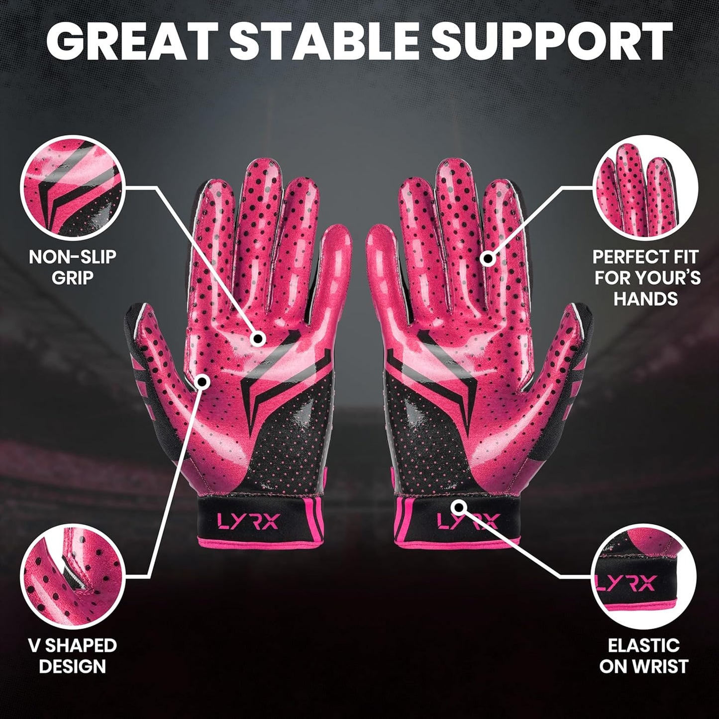 LYRX Professional Football Receiver Gloves with Optimal Silicone Palm Non-Slip Grip Control Ultra-Stick Sports Lightweight Glove and Precision Fit Youth | Adult