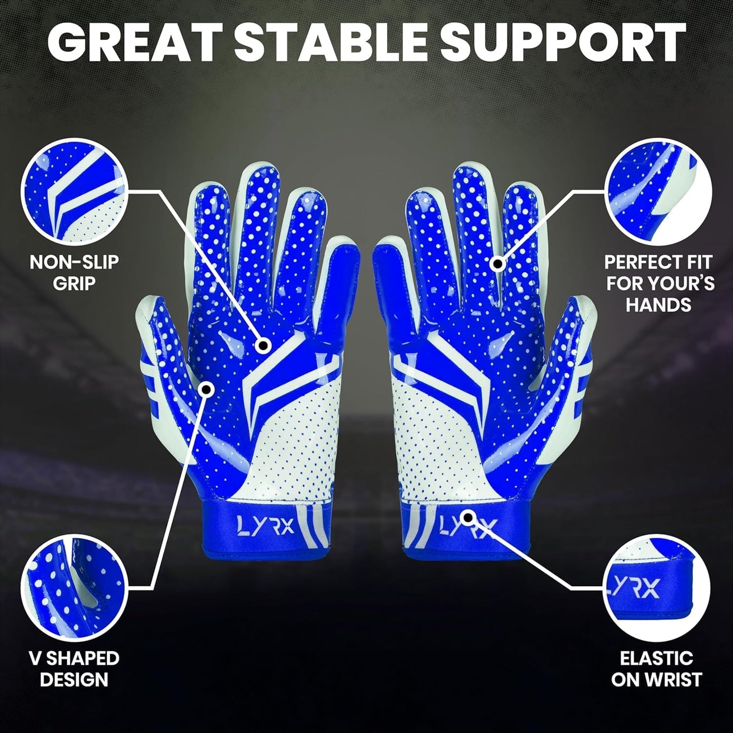 LYRX Professional Football Receiver Gloves with Optimal Silicone Palm Non-Slip Grip Control Ultra-Stick Sports Lightweight Glove and Precision Fit Youth | Adult