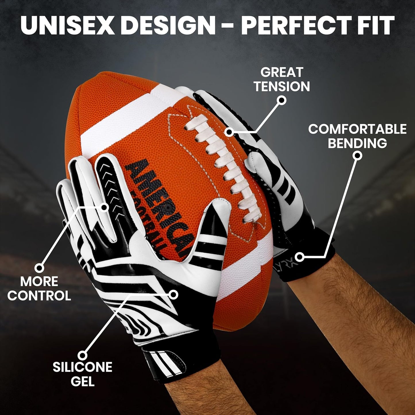 LYRX Professional Football Receiver Gloves with Optimal Silicone Palm Non-Slip Grip Control Ultra-Stick Sports Lightweight Glove and Precision Fit Youth | Adult