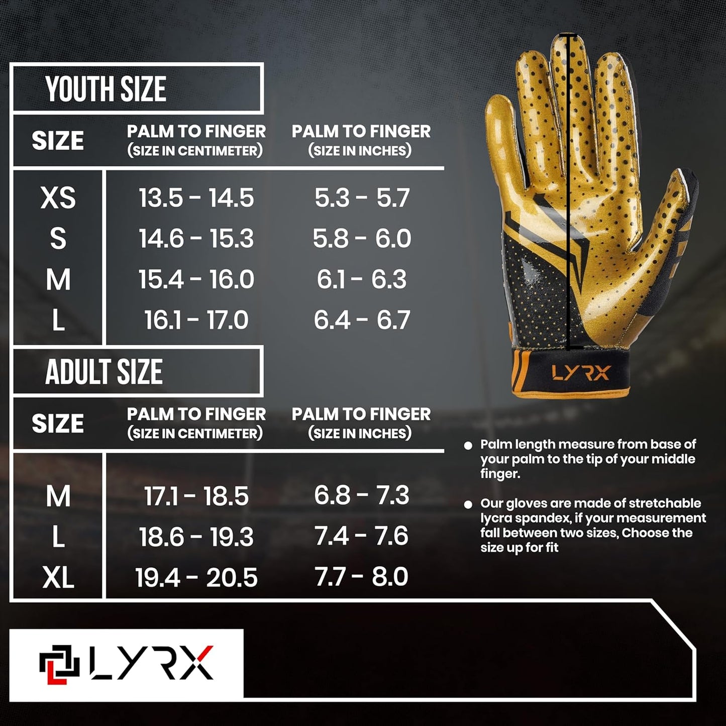 LYRX Professional Football Receiver Gloves with Optimal Silicone Palm Non-Slip Grip Control Ultra-Stick Sports Lightweight Glove and Precision Fit Youth | Adult