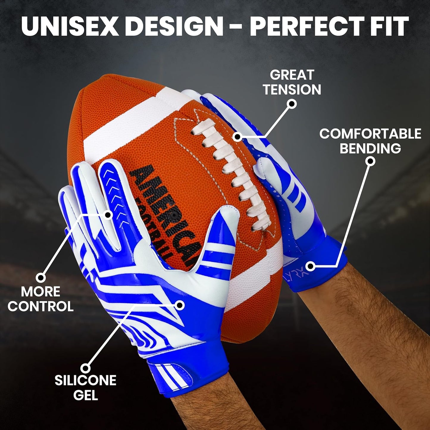 LYRX Professional Football Receiver Gloves with Optimal Silicone Palm Non-Slip Grip Control Ultra-Stick Sports Lightweight Glove and Precision Fit Youth | Adult