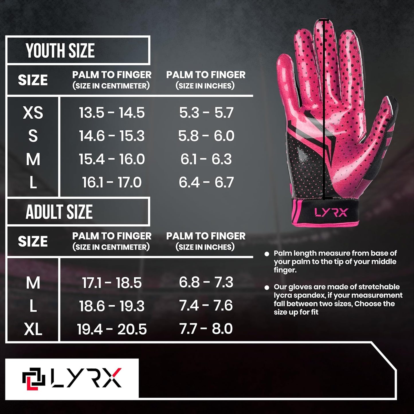 LYRX Professional Football Receiver Gloves with Optimal Silicone Palm Non-Slip Grip Control Ultra-Stick Sports Lightweight Glove and Precision Fit Youth | Adult