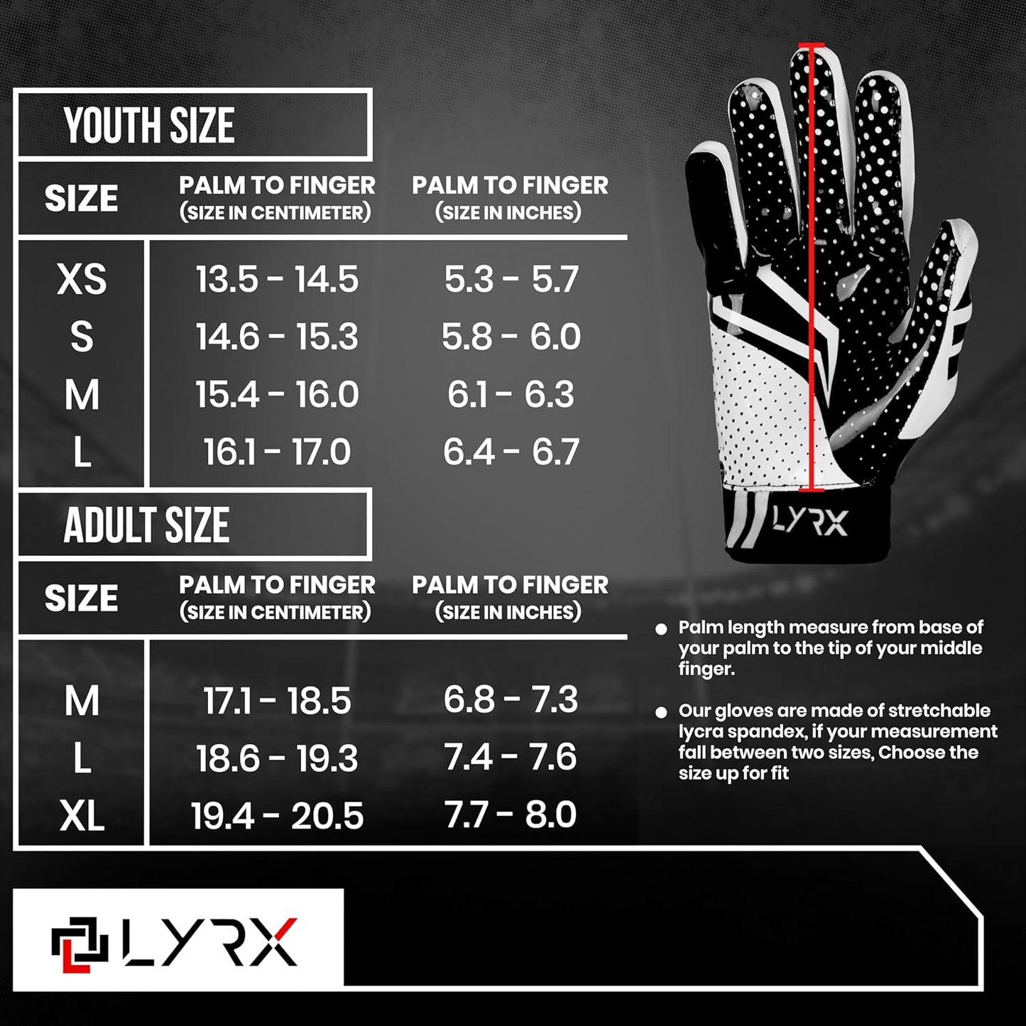 LYRX Professional Football Receiver Gloves with Optimal Silicone Palm Non-Slip Grip Control Ultra-Stick Sports Lightweight Glove and Precision Fit Youth | Adult