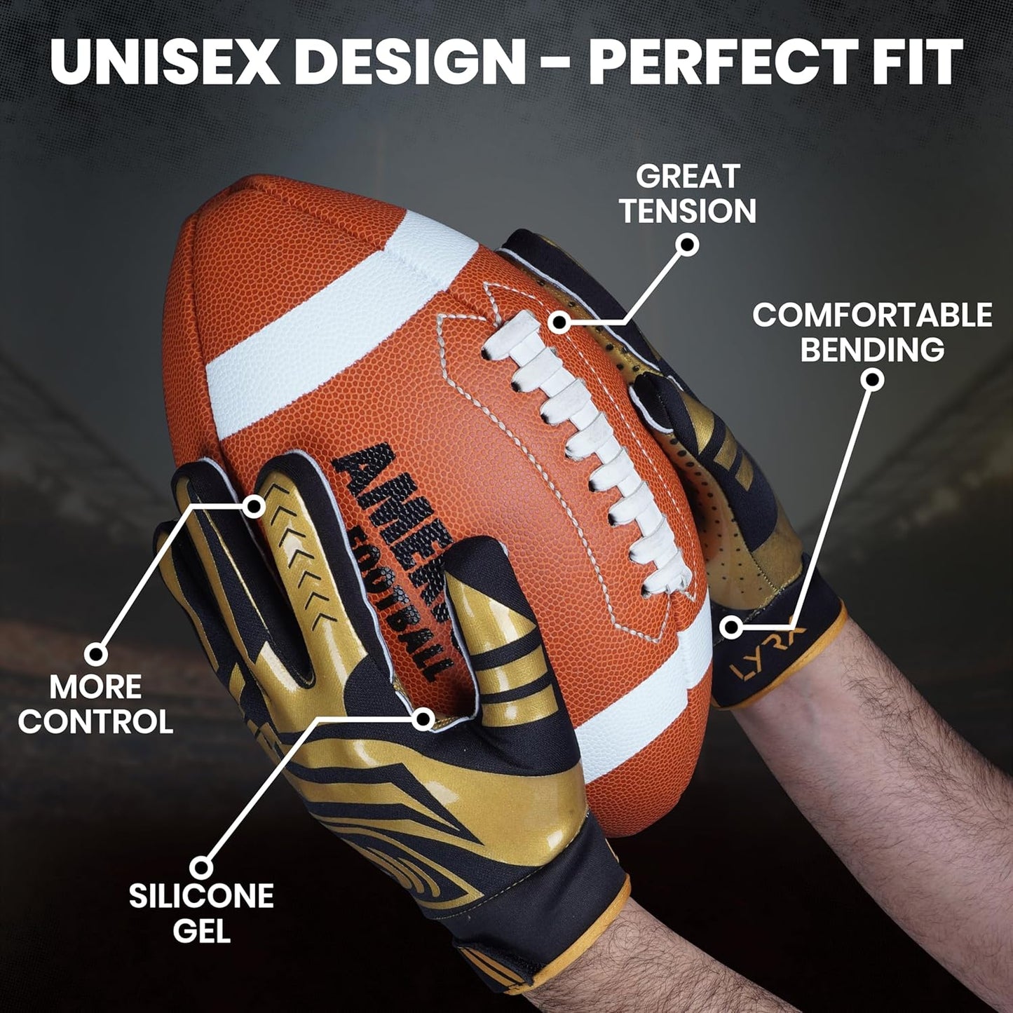 LYRX Professional Football Receiver Gloves with Optimal Silicone Palm Non-Slip Grip Control Ultra-Stick Sports Lightweight Glove and Precision Fit Youth | Adult