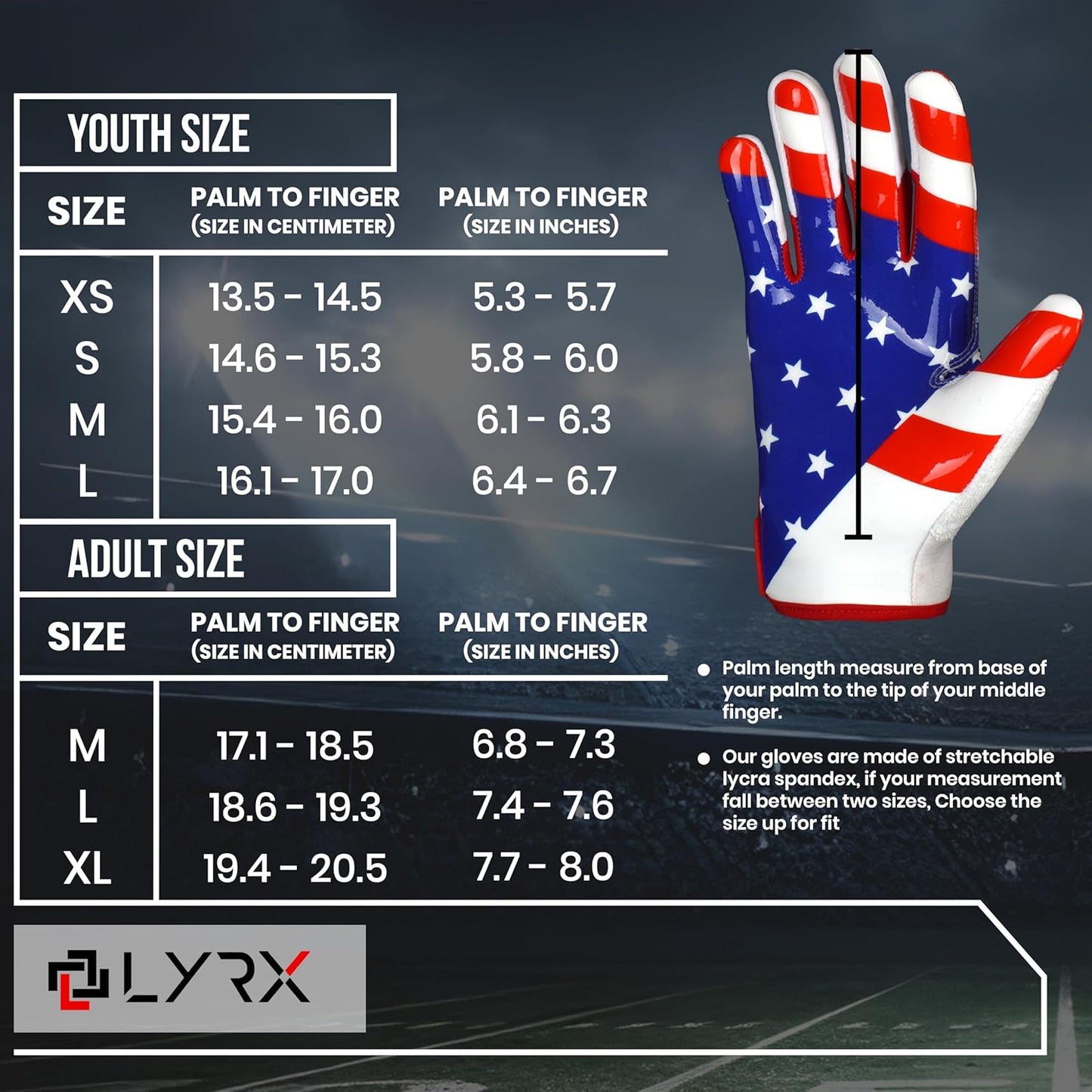 LYRX Professional Football Receiver Gloves with Optimal Silicone Palm Non-Slip Grip Control Ultra-Stick Sports Lightweight Glove and Precision Fit Youth | Adult