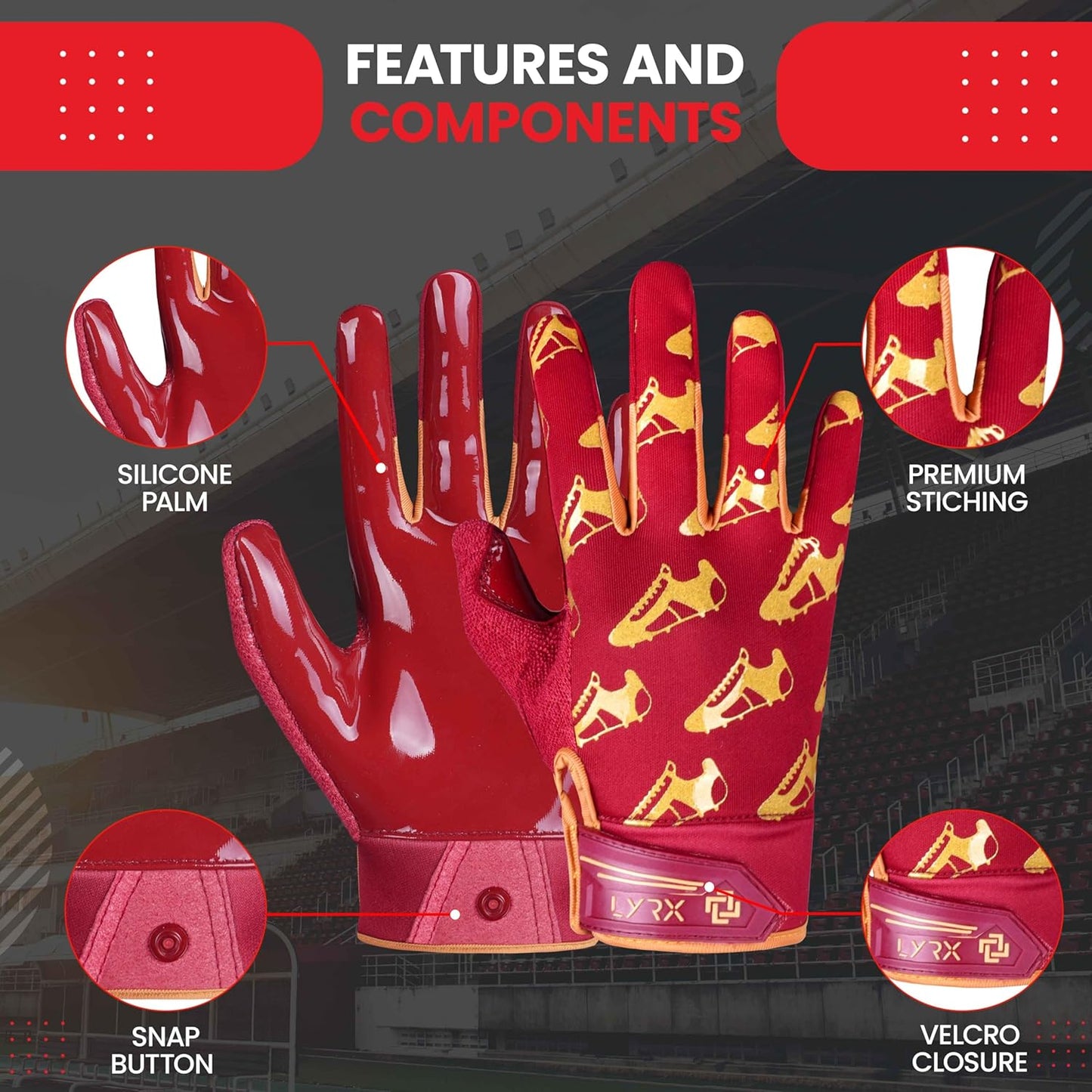 LYRX Kids Football Receiver Gloves: Elevate Your Game with Sticky Wide Performance! Designed for Kids - Experience Comfort and Flexibility with Stretch Fit