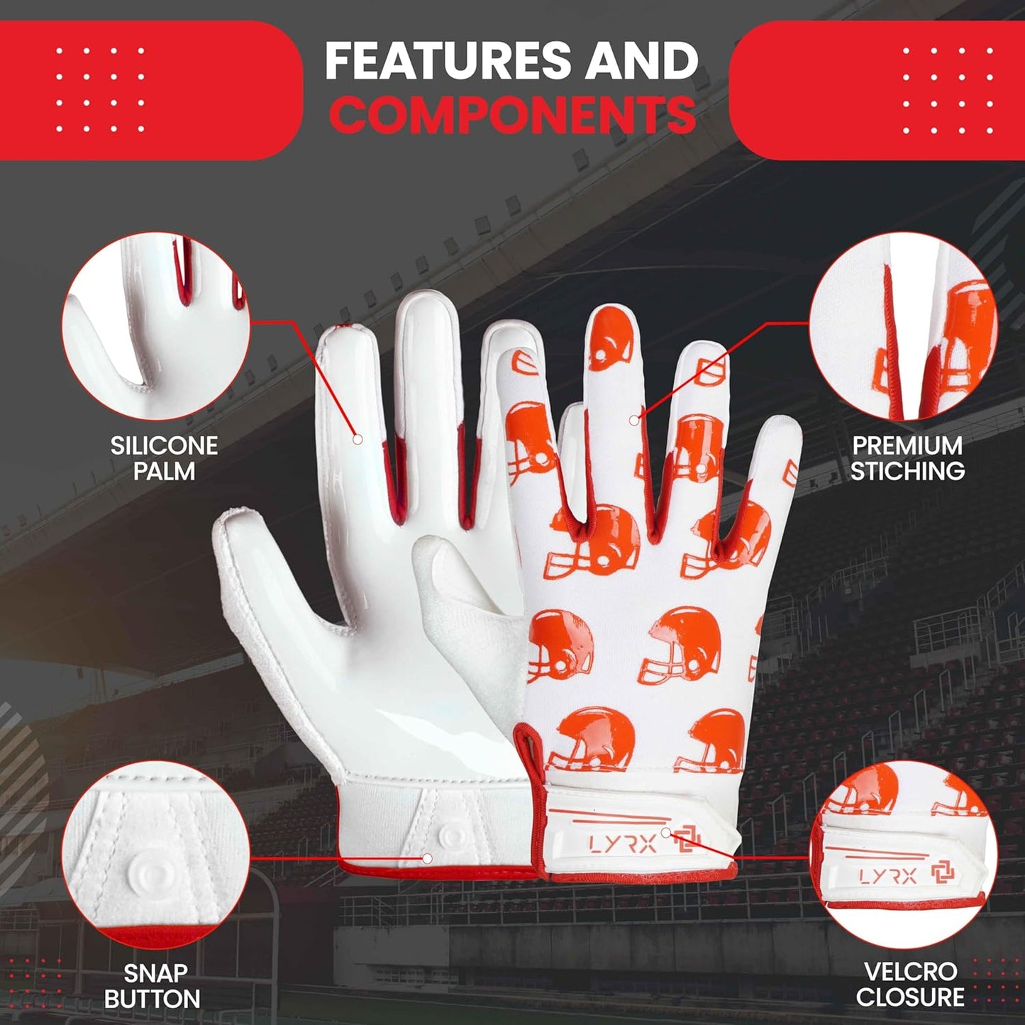 LYRX Kids Football Receiver Gloves: Elevate Your Game with Sticky Wide Performance! Designed for Kids - Experience Comfort and Flexibility with Stretch Fit